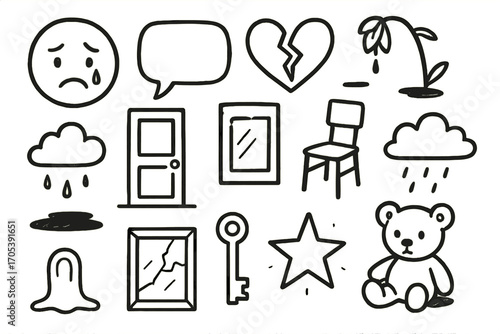 Symbols of Emotional Neglect. Hand-drawn doodle illustration emotional neglect sad face, tear drop, empty speech bubble, broken