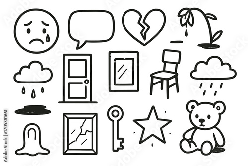 Symbols of Emotional Neglect. Hand-drawn doodle illustration emotional neglect sad face, tear drop, empty speech bubble, broken