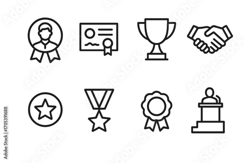 Corporate Awards Icons. Outline icon set of corporate awards: employee of the month badge, certificate, trophy cup, handshake,