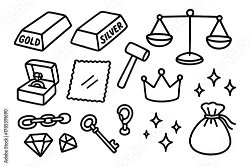 Precious Metal Doodles. Hand-drawn doodle illustration precious metal ingots gold bar, silver ingot, platinum bar, scales, hammer,