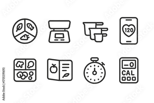 Serving Size Icons. Outline icon set of serving size control methods: portion plate, food scale, measuring cups, calorie tracker,