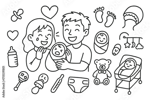 Newborn Joy Icons. Hand-drawn doodle illustration parents’ joy at first cry happy parents, newborn baby, heart, baby blanket,