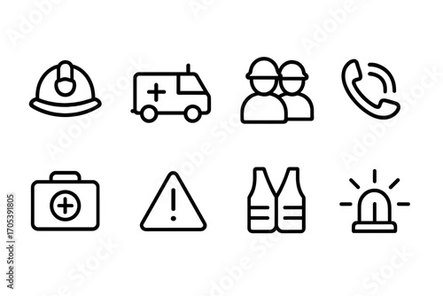 Emergency Icons Set. Outline icon set of emergency response: firefighter helmet, ambulance, rescue team, emergency phone, first