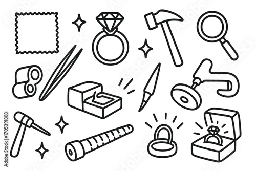Jeweler's Tools Icons. Hand-drawn doodle illustration prong setting prongs, gemstone, ring band, tweezers, jeweler’s loupe,