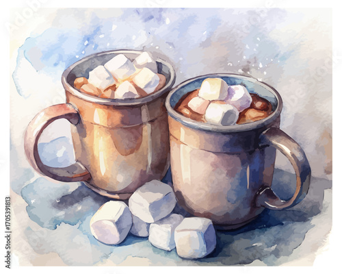 Watercolor hot cocoa mugs with marshmallows 