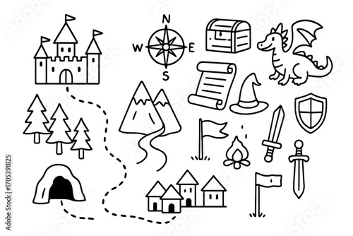 Fantasy Map Doodles. Hand-drawn doodle illustration fantasy map castle, dragon, forest, mountain, river, compass, treasure chest,