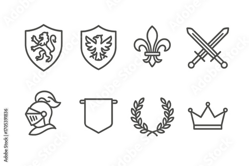 Noble Heraldry Icons. Outline icon set of noble house heraldry: shield with lion, eagle emblem, fleur-de-lis, crossed swords,