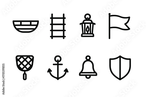 Moat Accessories Icons. Outline icon set of moat accessories: boat, rope ladder, lantern, flag, net, anchor, bell, shield. Line