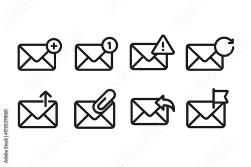Email Icons Set. Outline icon set of email notifications: new email, unread count, spam alert, inbox refresh, send email,