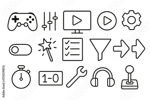 Game Icon Doodle Collection. Hand-drawn doodle illustration game preset gamepad, sliders, computer screen, play button, gear,