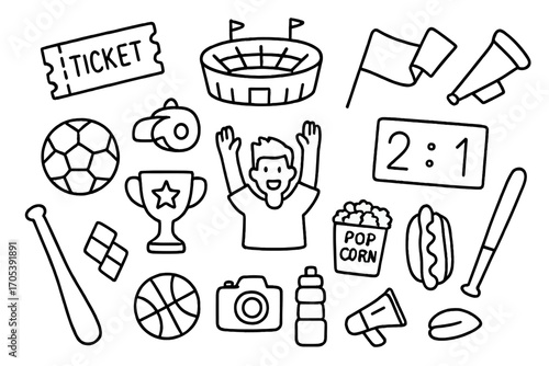 Sports Event Essentials. Hand-drawn doodle illustration Sports event essentials for fans ticket, stadium, soccer ball, whistle,