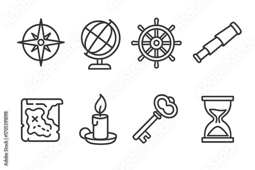 Nautical Icons Outline. Outline icon set of old journal motifs: compass, globe, ship wheel, telescope, old map, candle flame,
