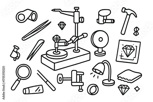 Lapidary Tools Doodle. Hand-drawn doodle illustration lapidary tools faceting machine, polishing wheel, loupe, cutting tool,