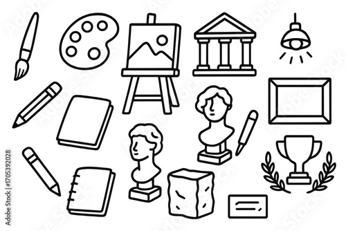Art Tools Icons. Hand-drawn doodle illustration masterpiece creation paintbrush, palette, canvas, easel, pencil, sketchbook,