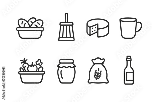 Food Icon Set. Outline icon set of food and drink: bread basket, butter churn, cheese wheel, clay mug, vegetable basket, honey jar