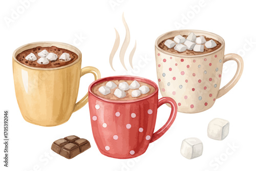 Watercolor hot cocoa mugs with marshmallows 