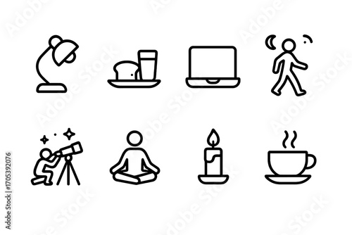 Midnight Activity Icons. Outline icon set of midnight activities: reading lamp, midnight snack, laptop, night walk, star gazing,