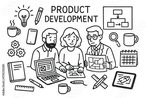 Creative Workstation Icons. Hand-drawn doodle illustration A team of professionals working on product development in a design