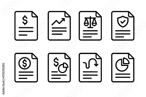 Financial Report Icons. Outline icon set of revenue reports: financial statement, profit & loss, balance sheet, audit, tax return,