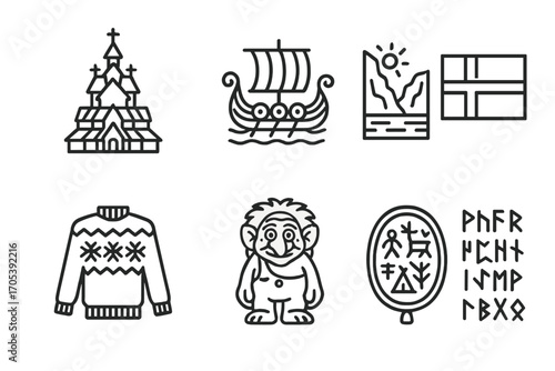 Norwegian Culture Icons. Outline icon set of Norwegian culture: stave church, Viking ship, fjord, Norwegian flag, traditional