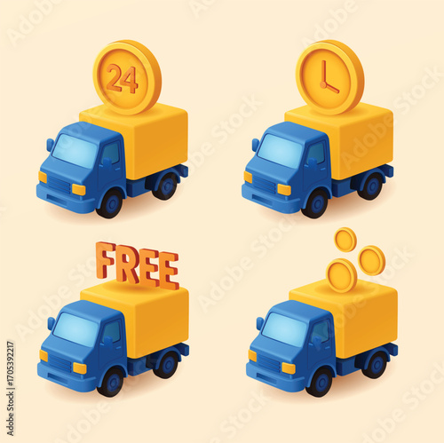 Colorful 3D illustration of delivery trucks with symbols representing free shipping, 24 hours service, express delivery, and payment concept