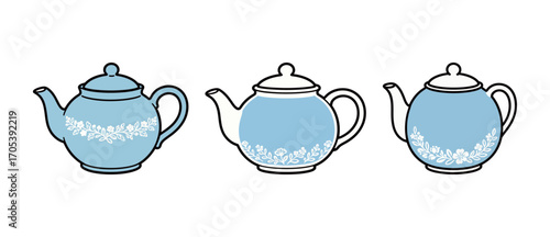 Three blue porcelain teapots with white flower pattern. Vintage style teapot illustration for kitchen and tea time.