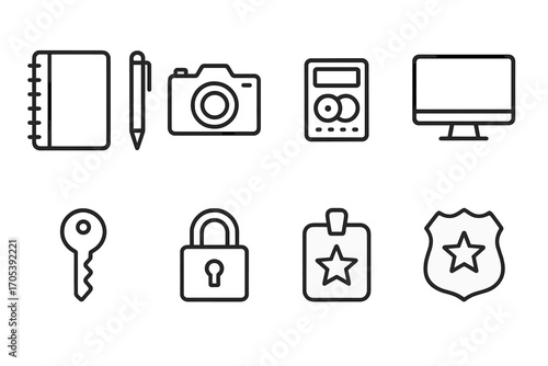 Investigation Tool Icons. Outline icon set of investigation tools: notebook, pen, camera, tape recorder, computer, key, lock,