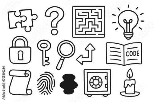 Enigma Puzzle Elements. Hand-drawn doodle illustration enigma puzzle puzzle pieces, question mark, maze, light bulb, lock, key,