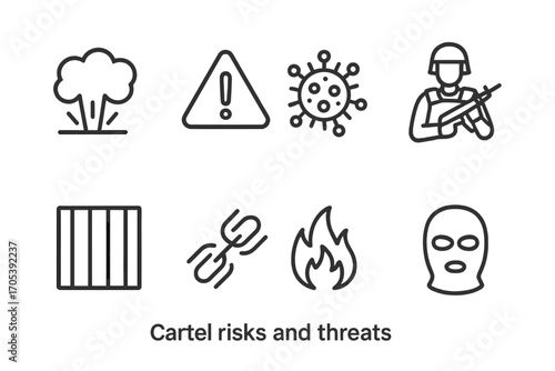 Cartel Threat Icons. Outline icon set of cartel risks and threats: explosion, warning triangle, virus, police raid, jail bars,