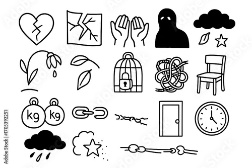 Symbolic Objects Doodle. Hand-drawn doodle illustration vulnerability cracked heart, broken glass, empty hands, shadow figure,
