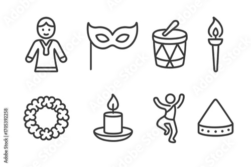 Cultural Celebration Icons. Outline icon set of cultural celebrations: traditional costume, mask, festival drum, torch, flower