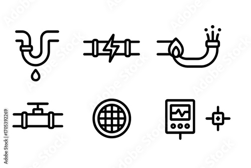 Utility Icon Grid. Outline icon set of underground utilities: water pipe, electrical conduit, gas pipeline, fiber optic cable,