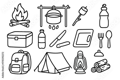 Camping Essentials Doodle. Hand-drawn doodle illustration Camping meals campfire, cooking pot, marshmallow on stick, cooler, water