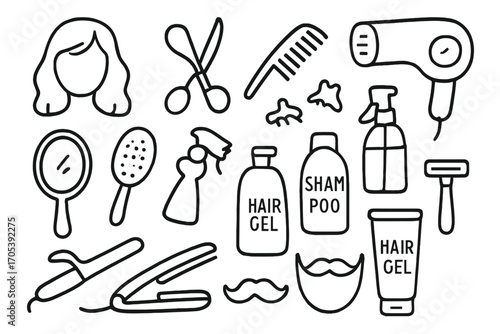 Hair Salon Tools. Hand-drawn doodle illustration hair style scissors, comb, hair dryer, mirror, brush, shampoo bottle, hair clips,