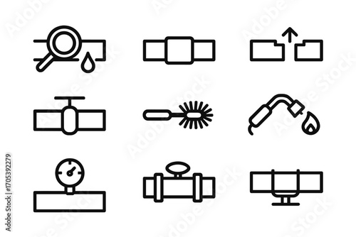 Tube Maintenance Icons. Outline icon set of tube maintenance and repair: leak detection, pipe patch, tube replacement, valve