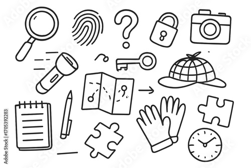 Detective Tools Icons. Hand-drawn doodle illustration investigative clue magnifying glass, fingerprint, notebook, question mark,