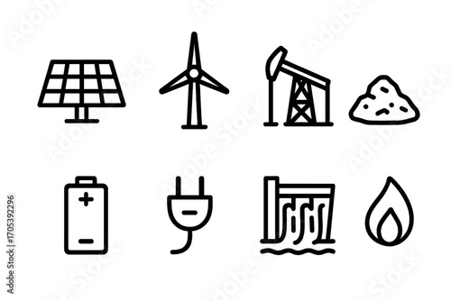 Energy Resource Icons. Outline icon set of energy resources: solar panel, wind turbine, oil rig, coal pile, battery, electric plug