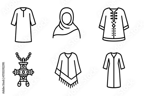 Libyan Clothing Icons. Outline icon set of Libyan traditional clothing: Jellabiya robe, Headscarf, Leather sandals, Embroidered