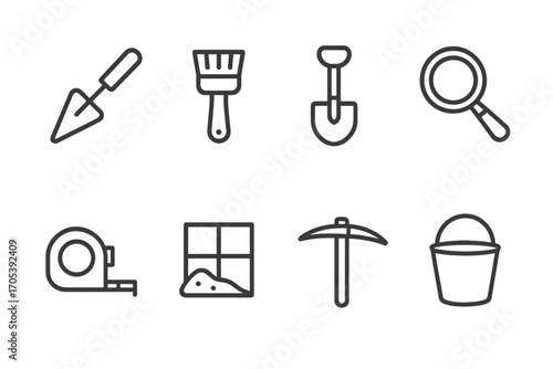 Archaeological Tools Icons. Outline icon set of archaeological tools: trowel, brush, shovel, magnifying glass, measuring tape,