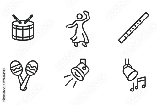 Icon Sets Fusion. Outline icon set of music and dance traditions: drum, guitar, dancer silhouette, flute, maracas, tambourine,