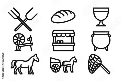 Medieval Life Icons. Outline icon set of barony daily life: harvest tools, bread loaf, wine goblet, cauldron, spinning wheel,