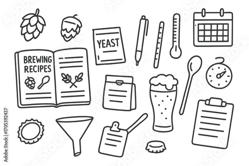 Brewing Essentials Doodle. Hand-drawn doodle illustration brewing recipes and notes notebook, pen, recipe book, hops, malt, yeast