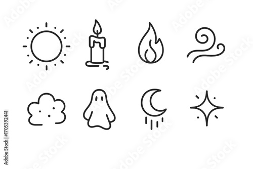 Ghostly Lights Icons. Outline icon set of ghostly lights and effects: glowing orb, floating candle, flickering flame, mist swirl,