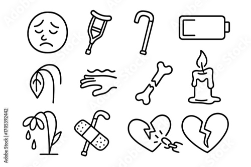 Symbols of Weakness. Hand-drawn doodle illustration physical weakness tired face, crutch, bent stick, sagging muscle, empty