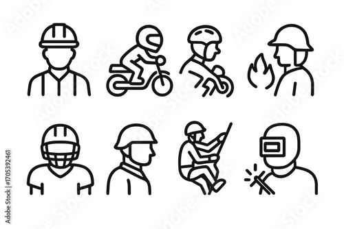 Delivery and Helmet Icons. Outline icon set of delivery status: on the way, delivered, delayed, returned, in transit, out for