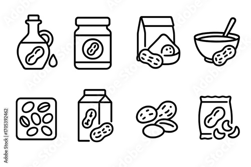 Peanut Product Icons. Outline icon set of peanut products: peanut oil, peanut butter, peanut flour, peanut sauce, peanut candy,