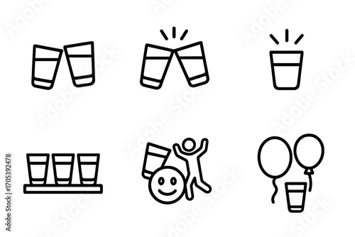 Shot Glass Icons. Outline icon set of shot glass moments: toast, cheers, celebration, bar counter, clinking glasses, happy face,