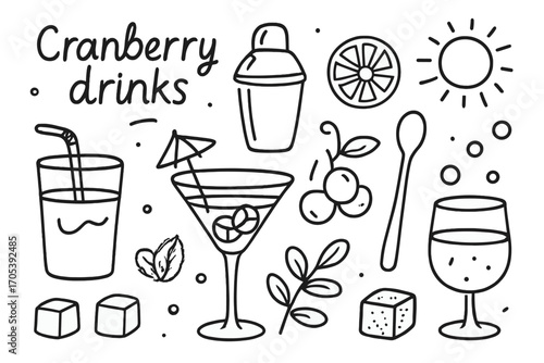 Cranberry Cocktail Doodle. Hand-drawn doodle illustration Cranberry drinks and cocktails cranberry juice glass, cocktail shaker,