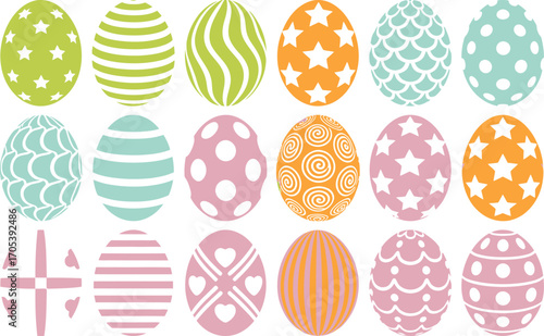 Collection of easter eggs with various patterns and colors