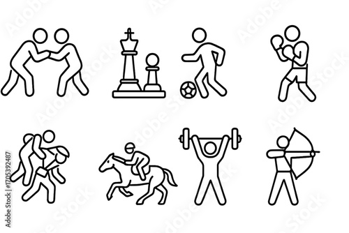 Azerbaijani Sports Icons. Outline icon set of Azerbaijani sports: wrestling, chess, football, boxing, judo, horse racing,